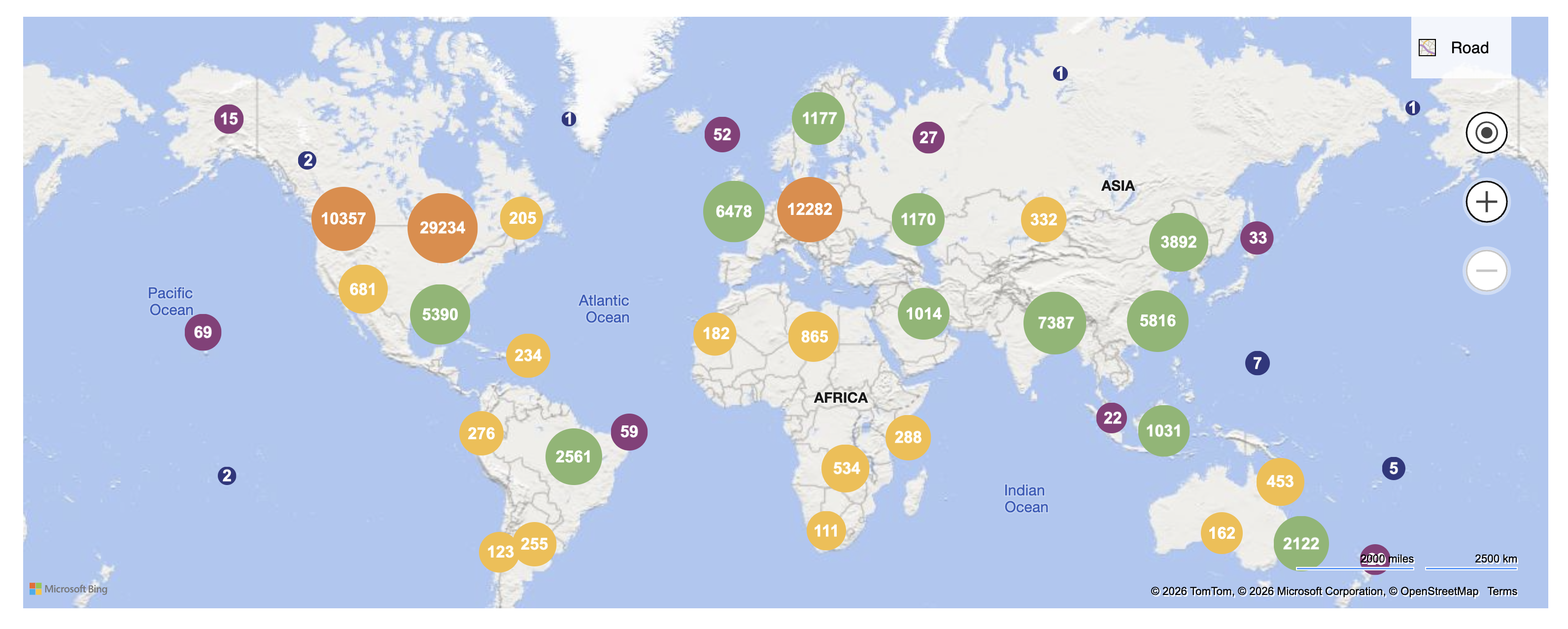 World map showing IPHS research downloads by region. Circles sized by download count across every continent, with concentrations in North America, Europe, and Asia.